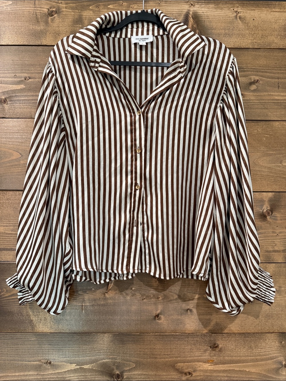 Brown & White Striped Button-Front Women’s Blouse